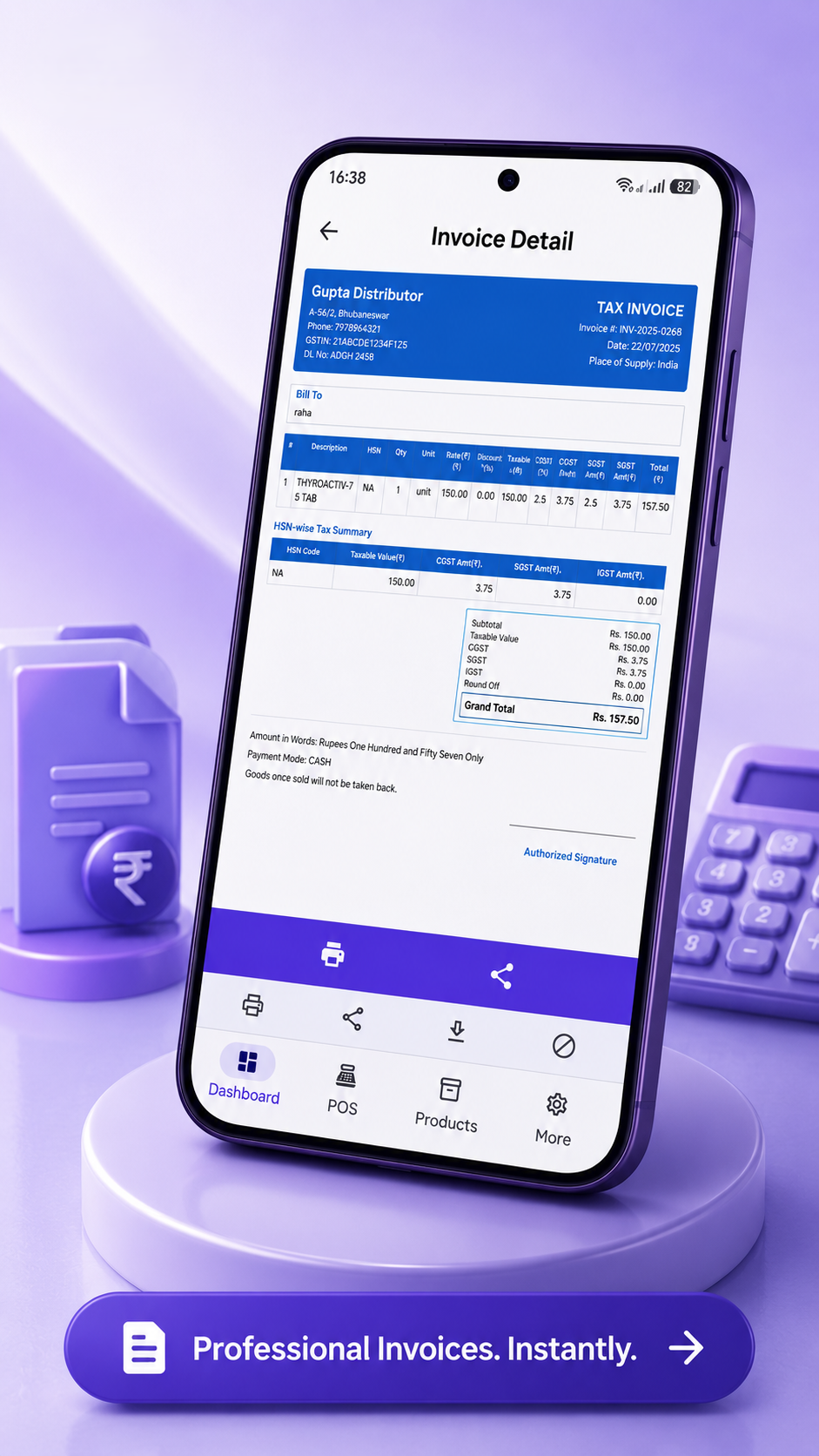 RITE POS GST tax invoice with HSN summary
