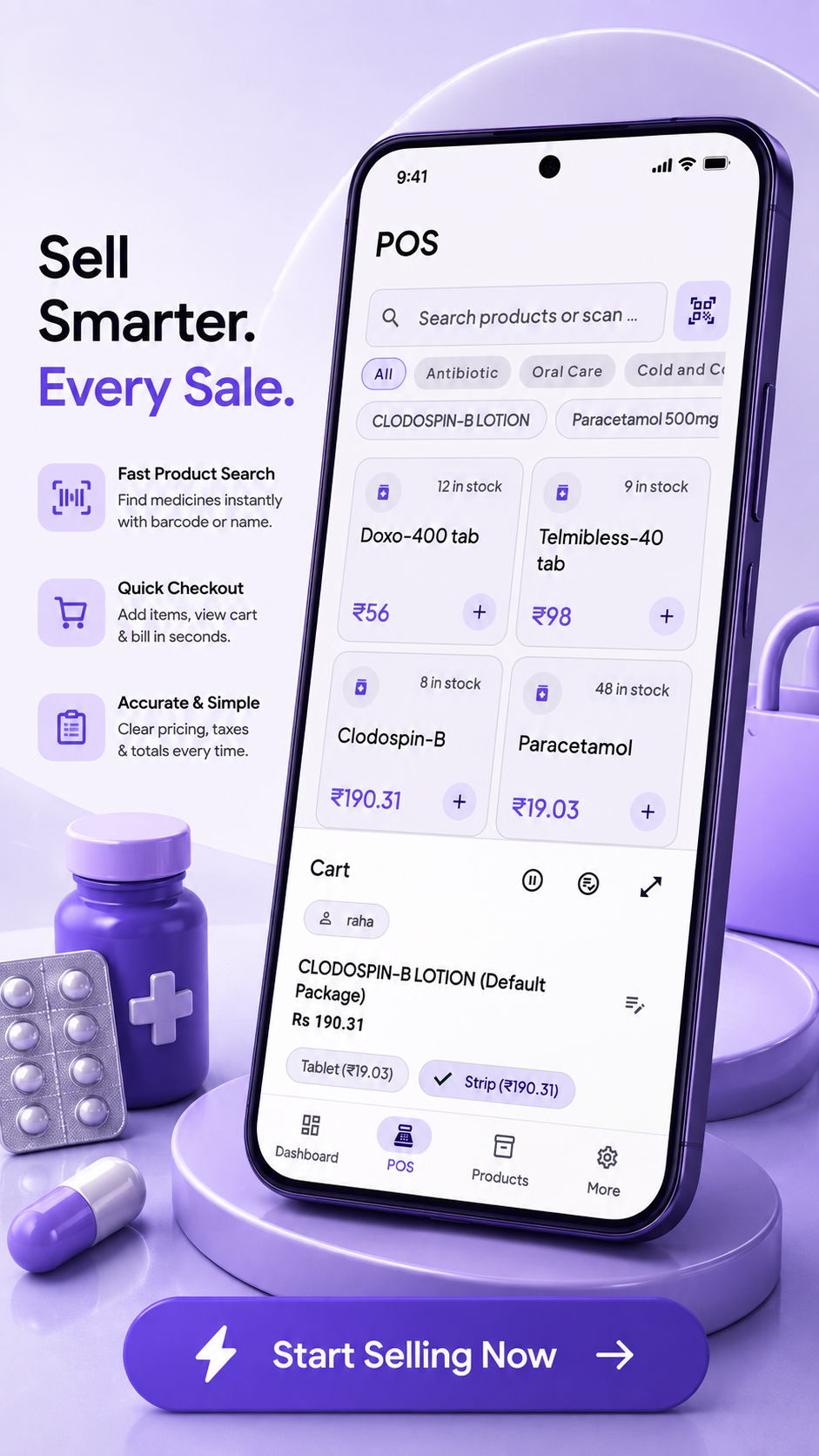 RITE POS billing screen showing medicine search and cart