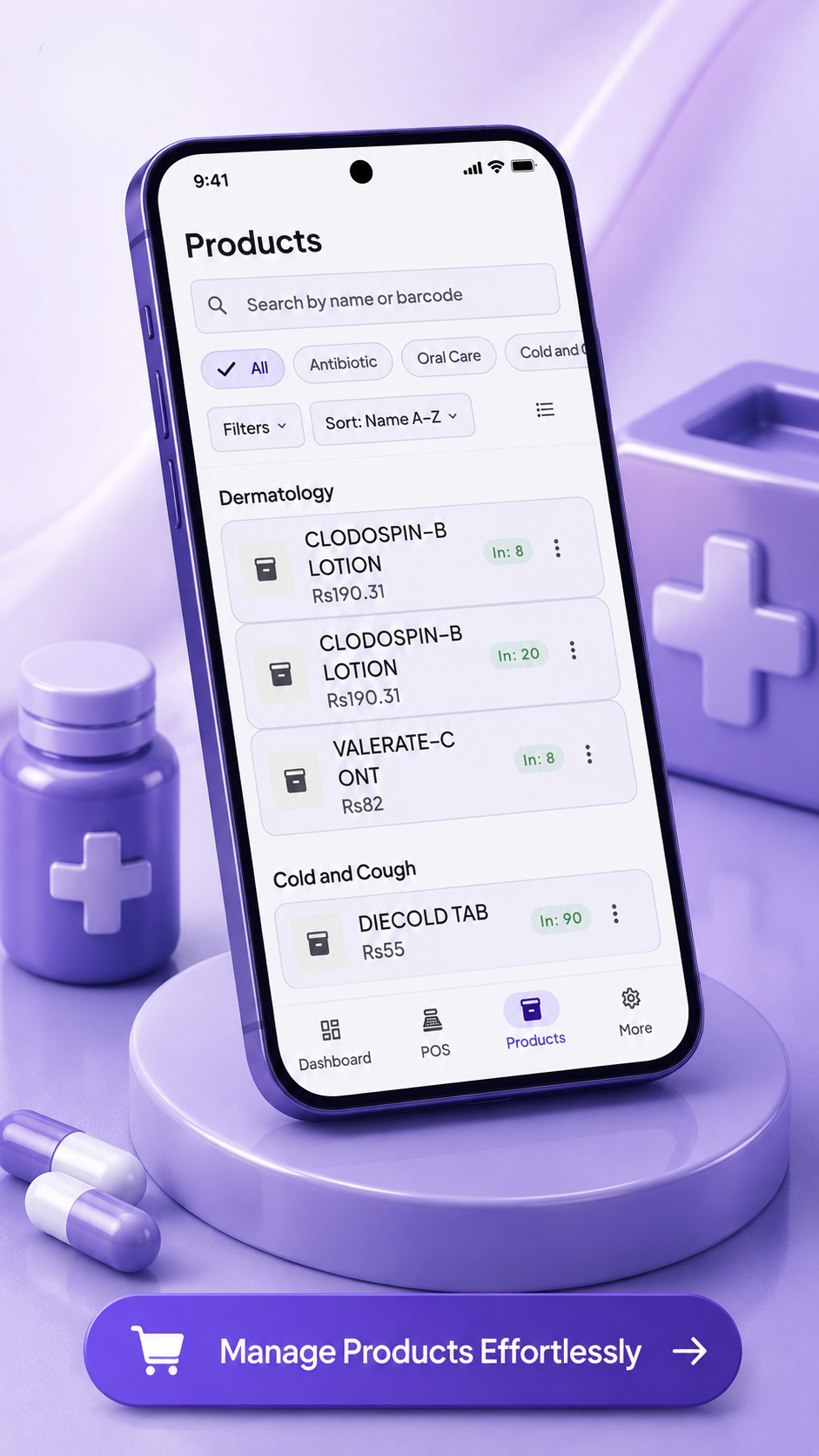 RITE POS products screen showing medicines with stock levels